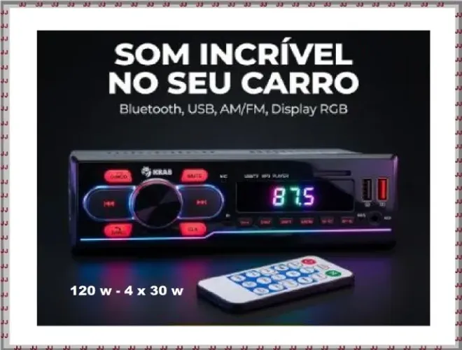 Som automotivo - Krab 120 w 4 saídas e 2 usb - Mp3 Player - Radio Bluetooth
