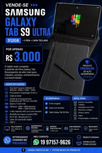 Galaxy Tab S9 Ultra 512GB + S Pen + Capa Teclado | R$ 3.000