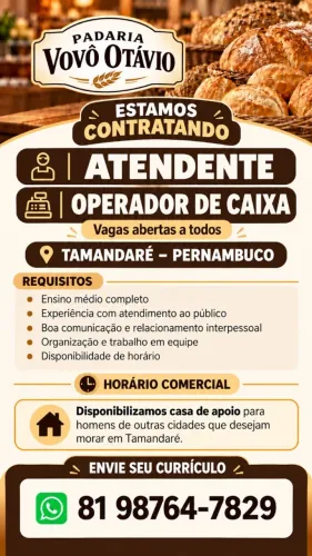 ESTAMOS CONTRATANDO OPERADOR DE CAIXA E ATENDENTE