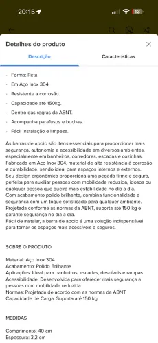Barra de Apoio Reta 40 cm em Aço Inox 304 Polido - Nova, Nunca Instalada