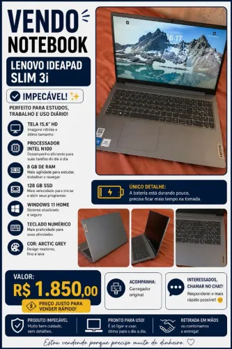 ? VENDO NOTEBOOK LENOVO IDEAPAD SLIM 3i - R$ 1.850