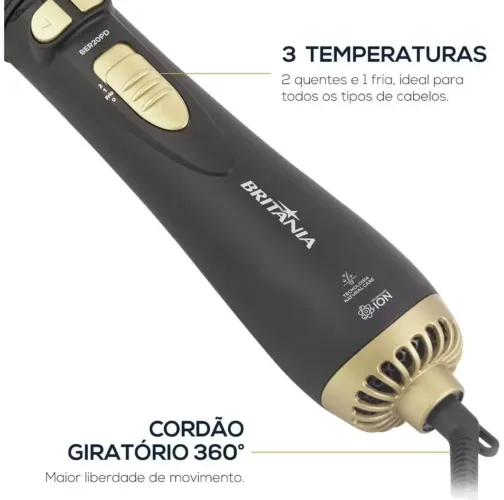 Escova Secadora Alisadora Rotativa Britânia Ber20pd Com 3 Temperaturas Modeladora Bivolt