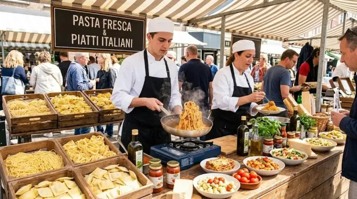 Vaga de cozinha em preparo de massas frescas e pratos típicos italianos.