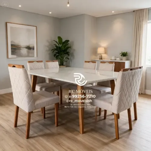 Mesa de Jantar 1,70x0,90 Tampo Vidro Laqueado + 6 Cadeiras Madeira Maciça