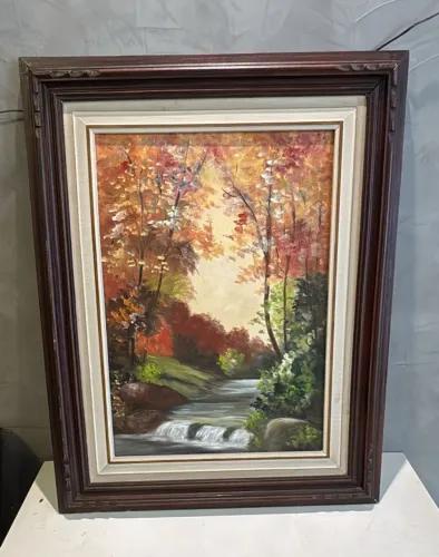 Quadro Tela Paisagem Rústica Rio Outono Com Moldura Clássica