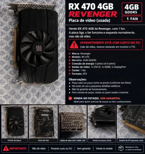 RX 470 4GB Revenger 1 Fan ? Com Defeito / Para Peças ou Conserto