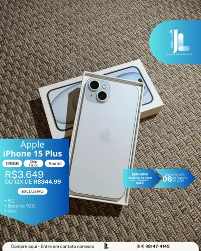 IPHONE 15 PLUS, 5G, 128GB, CHIP FÍSICO, ANATEL, AZUL, SEMINOVO , EXCLUSIVO!