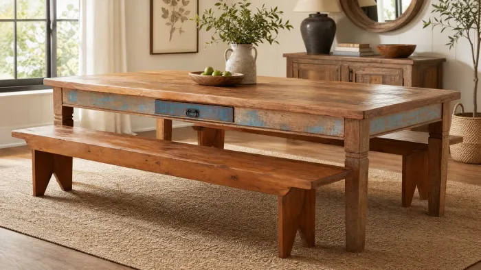 Conjunto de mesa e bancos em madeira de demolição