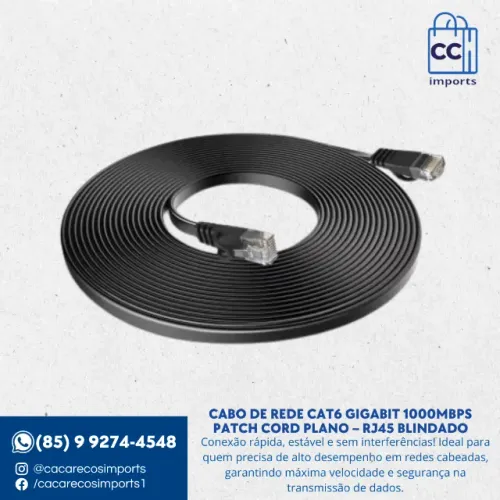 Cabo de Rede Cat6 Gigabit 1000Mbps Patch Cord Plano - RJ45 Blindado 3m | Novo