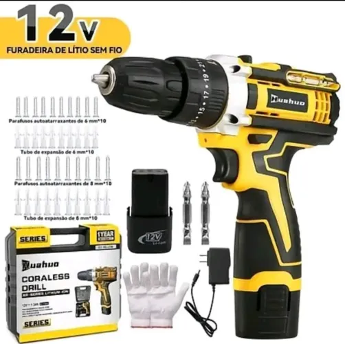 Parafusadeira e Furadeira 12V 550W Kit na Maleta, Bits,Ponteira, Luva, Parafusos e Buchas