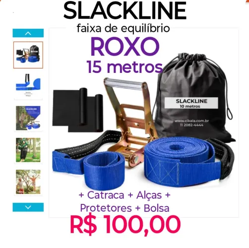 R$80 - Slackline Cikala -  Faixa elástica de equilíbrio, 15 metros, roxa