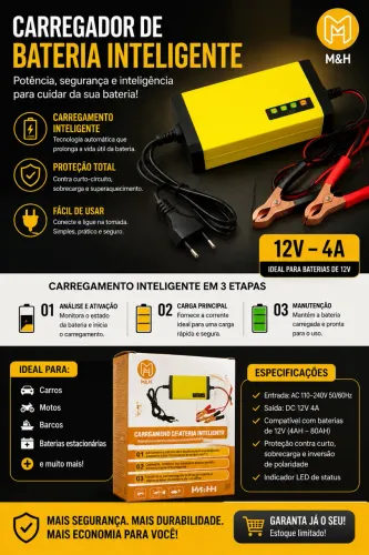 Carregador de bateria inteligente ideal para bateria de carros e motos 