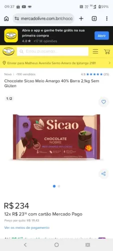 Chocolate sicao meio amargo 2kg barra de chocolate