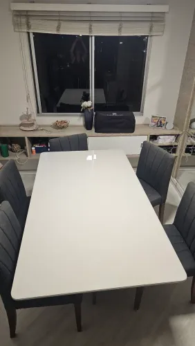 Mesa de Jantar Retangular Branca c/ Vidro + 6 Cadeiras Estofadas Azul Marinho
