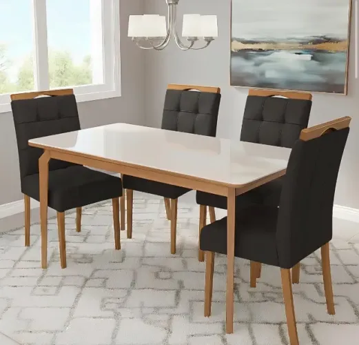 Conjunto de Jantar 4 Lugares Madeira com Vidro e Veludo Preto