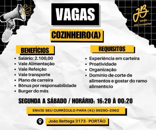 VAGA COZINHEIRA HAMBURGUERIA HORARIO NOTURNO
