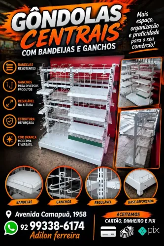 Gôndolas centrais com ganchos e bandeijas