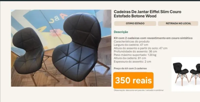 Kitt de 02 cadeiras ,perfeita estado,BAXEI PARA 250 AS DUAS 