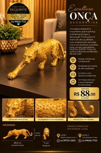 Escultura Decorativa Onça Dourada em Resina - 29,5 cm