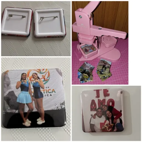 Fotoimãs e bottons quadrados personalizados