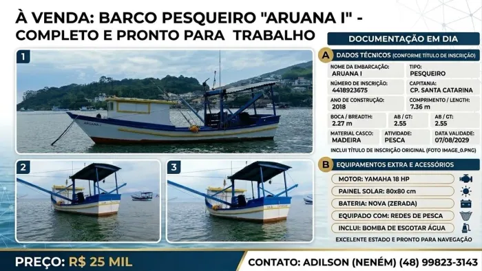 Vende-se Barco Pesqueiro "ARUANA I" - Completo e Pronto para Trabalho (Ano 2018)