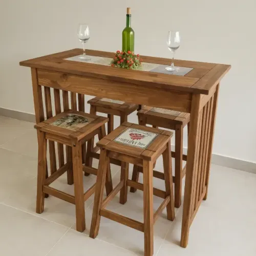 Bancada Gourmet 120cm Ilha Cozinha Mesa De Madeira Com 4 Banquetas