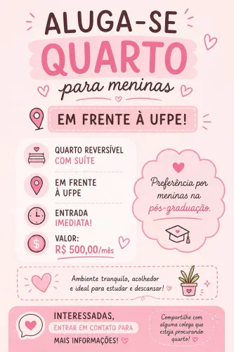 Quarto em frente à UFPE (Vaga feminina)