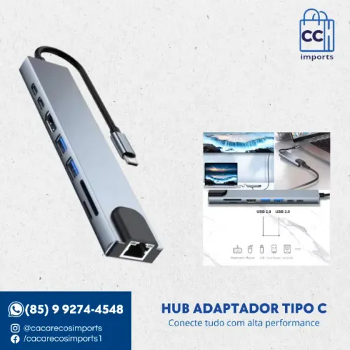 Hub Adaptador tipo c 8 em 1 4k- HDMI, RJ45, USB 3.0-2.0, PD100W, SD/TF E TIPO C 3.1