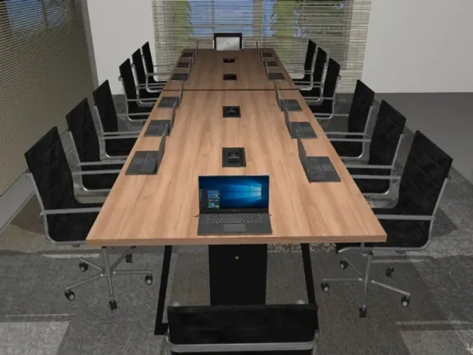 Mesa de Reunião Trapeze. 14 Pessoas. 16 Tomadas: L4.60M x P1.20M x A0.74M