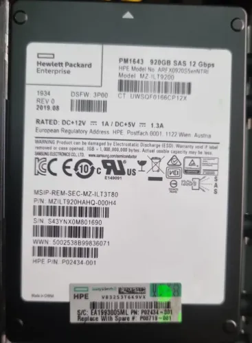 1 ssd hp 920gb sas 12gbps pn hp p02434-001 Pn gaveta p087