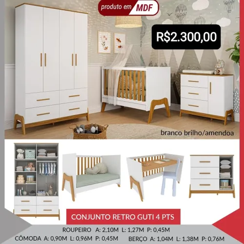 Conjunto Retro Guti 4 Peças - Guarda Roupa, Cômoda e Berço