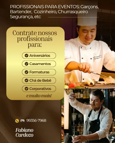 Profissionais para festas e eventos: Churrasqueiro,  cozinheiro, garçons, bartender, etc