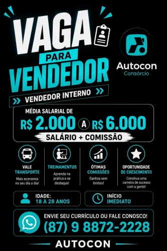VAGA PARA VENDEDOR salário: 2.000,00 a 6.000,00k