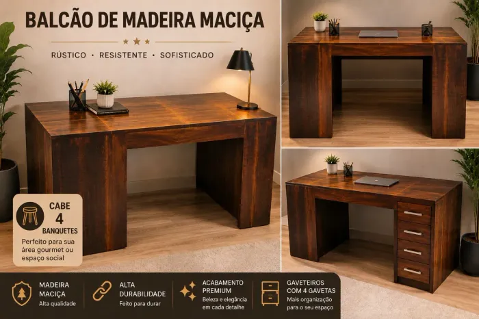 Balcão de madeira maciça Pinus - 1,50m - Muito resistente