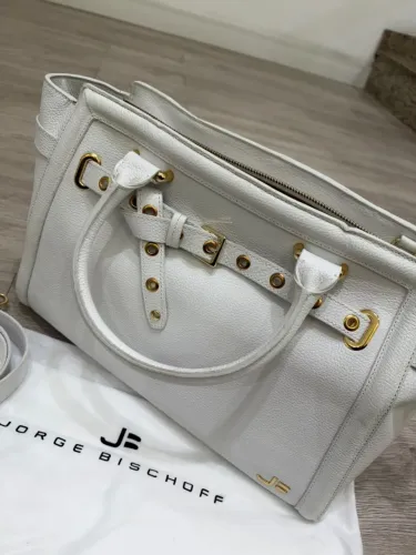 Bolsa Tote Grande Jorge Bischoff Branca Blanc Ilhóses em Couro Nova