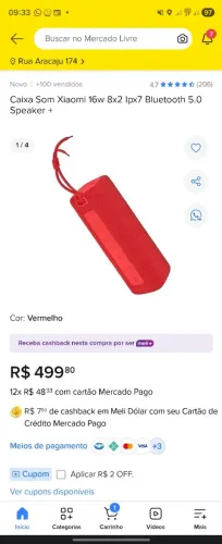 Caixa Som Xiaomi 16w 8x2 Ipx7 Bluetooth 5.0 Speaker + Vermelho 127/220v
