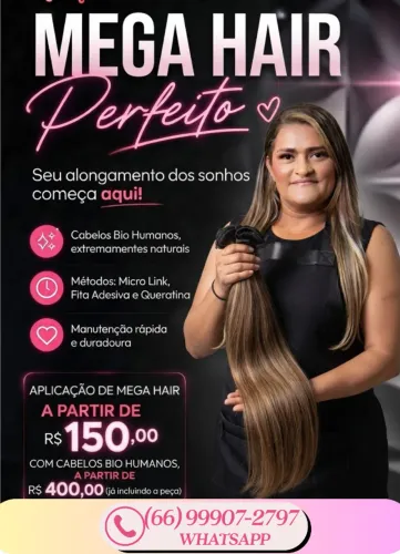 aplicação de mega hair, fita, micro link, queratina e costurado.