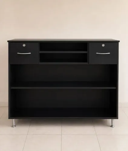 Balcão Recepção Preto com Gavetas e Nichos