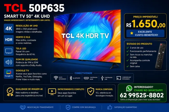 Smart TV TCL 50" 4K UHD Google TV P635 - Excelente Estado