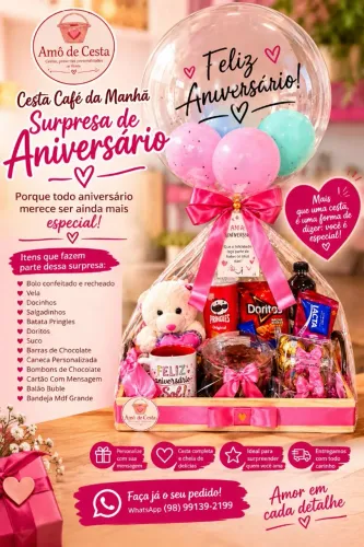 Cesta Café da Manhã Surpresa de Aniversário Com Ursinho, Caneca Personalizada e Mensagem.