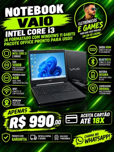 Notebook vaio , Intel core i3, 128Gb SSD 4Gb ram, bateria boa, garantia, completo chama!!!