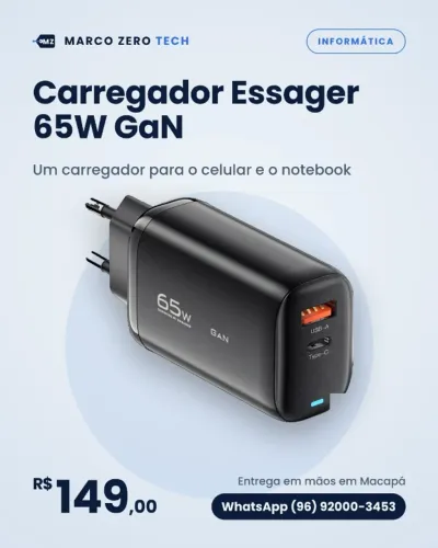 Carregador Essager 65W GaN USB-C e USB
