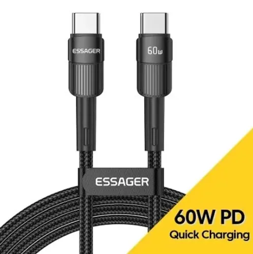 Cabo USB-C Essager 60W PD 1m Carregamento Rápido Tipo C iPhone 15 16 Android Nylon Reforça