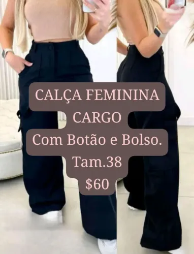 CALÇA FEMININA CARGO COM BOTÃO E BOLSO