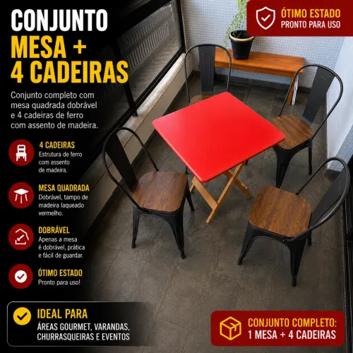 Mesa Dobrável com 4 Cadeiras de Ferro | Excelente Estado