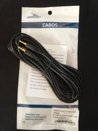 Cabo Auxiliar Áudio P2 x P2 5m Grasep D-P2 5M ? Novo