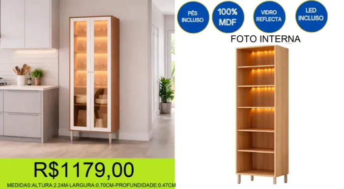 cristaleira - MDF - com led - compre hoje e receba em até 72 horas