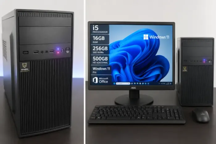 PC Completo Intel Core i5 16GB SSD 256GB + HD 500GB Windows 11 Pro + Office + Monitor AOC
