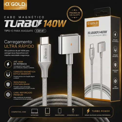 Cabo Magnético Tipo-C para MagSafe Alpha Gold Pro Turbo 140W - Carregamento Ultra Rápido