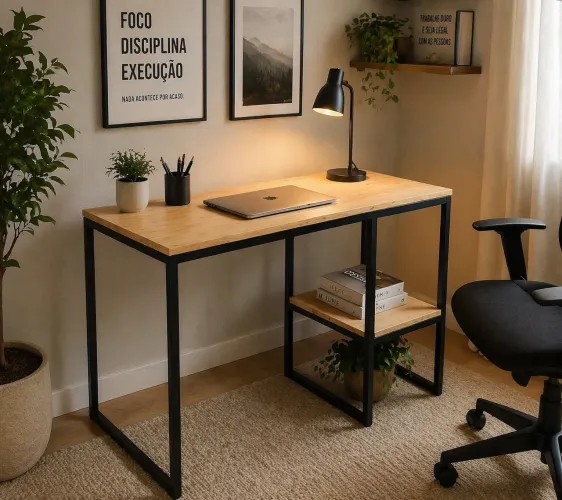 Mesa de Computador Moderna em Metal + Madeira